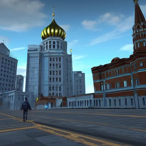 Image similar to mirror's edge in moscow russia, unreal engine, game screenshot with hud and hands