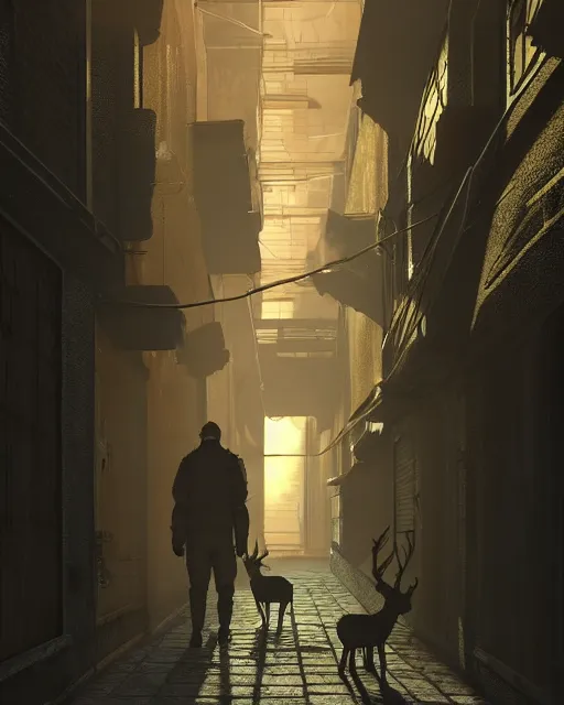 Image similar to artstation scifi scene of two deer long shadow, in a shabby town narrow alley, dim lights, long shadows, summer unreal engine 5, hyper realism, realistic shading, cinematic composition, blender render, octane render, hdr, detailed textures, photorealistic, wide shot