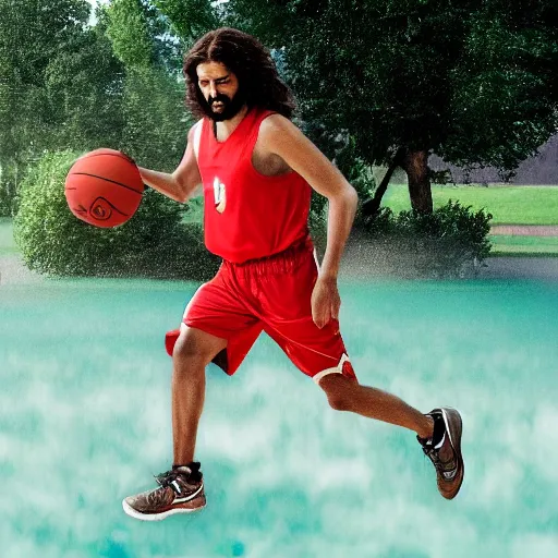 Prompt: A photo of jesus playing basketball while running on water