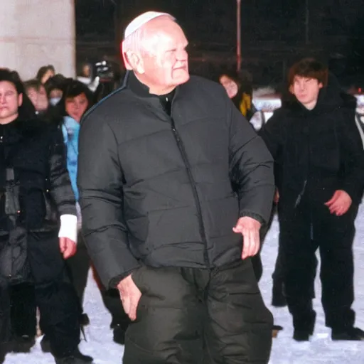 Prompt: john paul ii posing in a black puffed nuptse, black cargo pants and high black boots, press paparazzi photograph