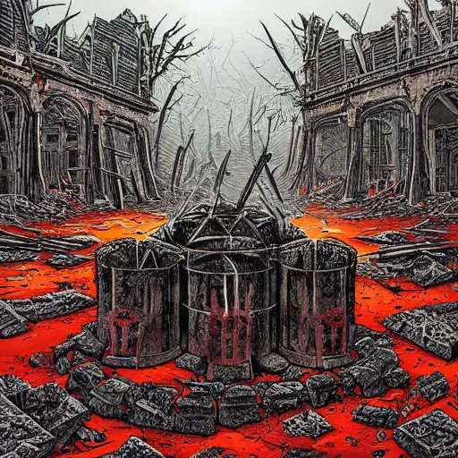 Image similar to a bloody sacrificial alter in ruins by Dan Mumford. Post apocalyptic