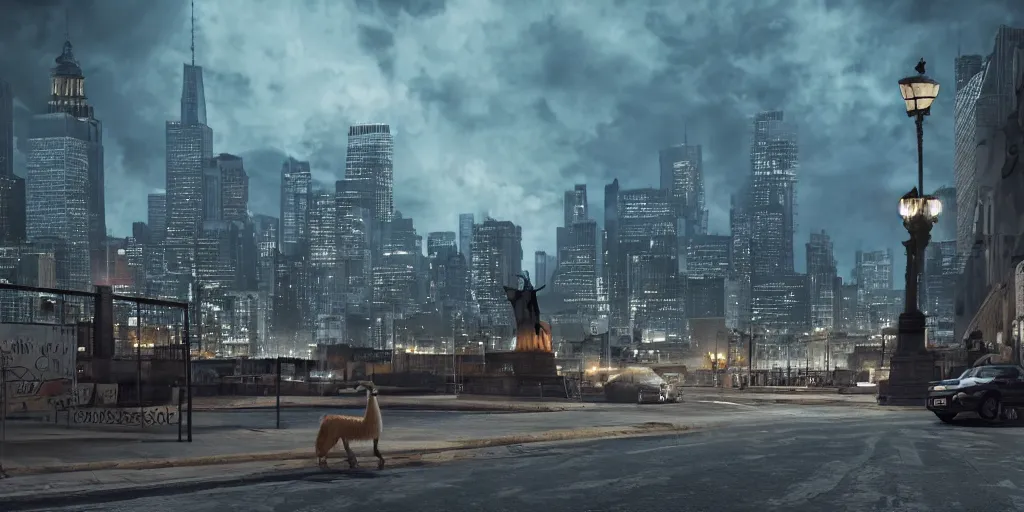 Image similar to a llama walking through a desolate city street at night, statue of liberty seen in the background, realistic 4 k octane beautifully detailed render, 4 k post - processing, highly detailed, intricate complexity, epic composition, magical atmosphere, cinematic lighting, masterpiece, ultra hd