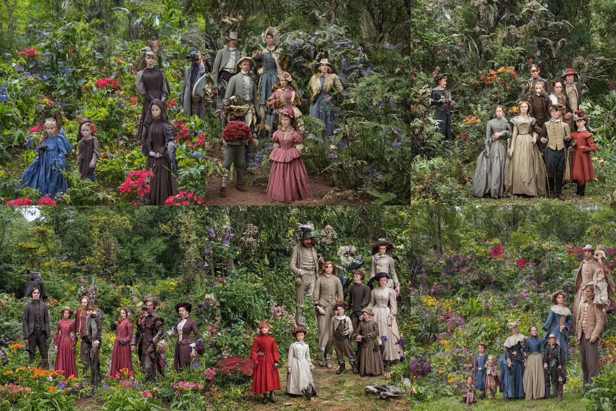 Prompt: sharp, highly detailed, 36864k film, 175000mm film still from a sci fi blockbuster color movie made in 2019, set in 1860, of a family standing in a park, next to some strange alien plants and flowers, on an alien planet, the family are all wearing 1860s era clothes, good lighting, ultra high definition, ultra enhanced faces, in focus, 35mm macro lens