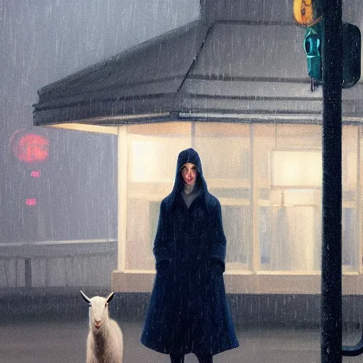 Image similar to Elle Fanning standing next to a goat in the world of Edward Hopper, stormy snowy weather, streetlights, extremely detailed masterpiece, oil on canvas, low-key neon lighting, artstation, Blade Runner 2049, Roger Deakin’s cinematography, by J. C. Leyendecker and Peter Paul Rubens,