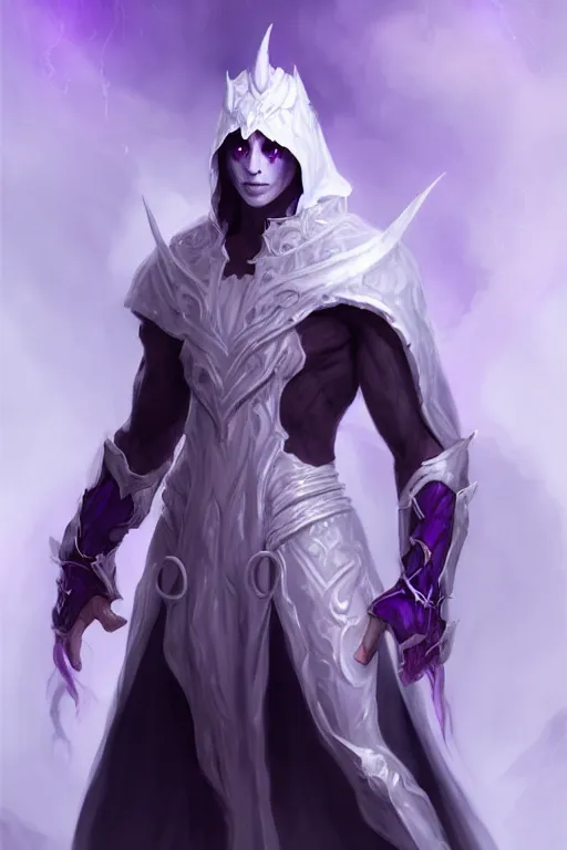 Prompt: human male demon, full body white purple cloak, no hoodie, pose, warlock, character concept art, costume design, black eyes, white horns, trending on artstation, Artgerm, WLOP