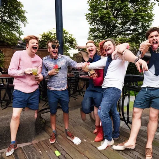 Prompt: a group of lads having a banty time at the pub