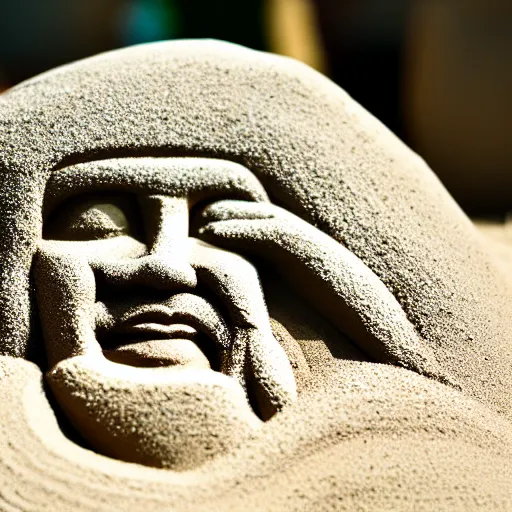 Image similar to sand sculpture of bob ross, highly detailed, photograph, 5 0 mm f 1. 4, bright sunlight