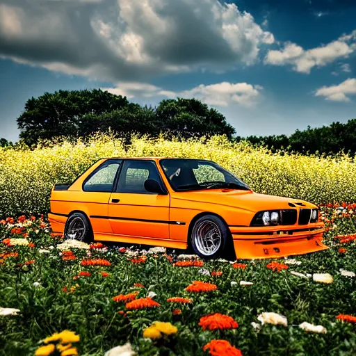 Prompt: photorealistic image of orange bmw e 3 0 m 3 in a field of flowers, picture taken from below