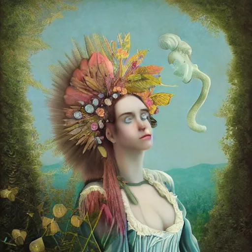 Image similar to a detailed portrait of young woman in renaissance dress and a surreal renaissance headdress, no hands visible, very surreal garden, cyberpunk, surreal tea party, strange creatures, by christian schloe and botticelli, naotto hattori, amy sol, roger dean, moody colors