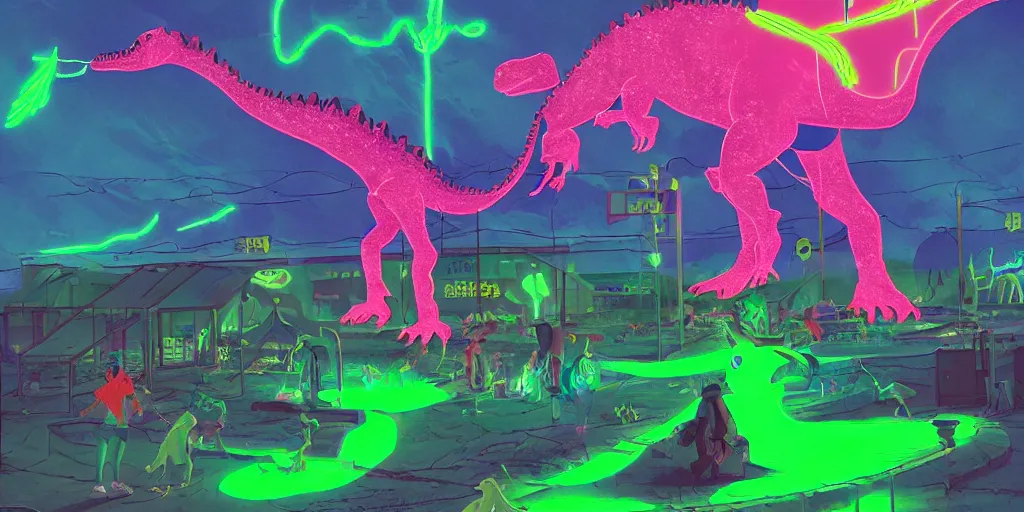 Image similar to neon laser dinosaur at the county fair by makoto shinkai