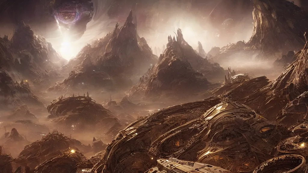 Image similar to strange atmospheric alien planet empire by yoann lossel and stephan martiniere, cinematic matte painting