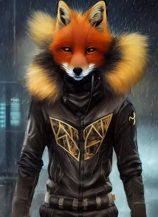 Image similar to award winning beautiful portrait commission of a male furry anthro melanated fox fursona with a tail and a cute beautiful attractive detailed furry face wearing stylish black and gold cyberpunk clothes in a cyberpunk city at night while it rains. Character design by charlie bowater, ross tran, artgerm, and makoto shinkai, detailed, inked, western comic book art