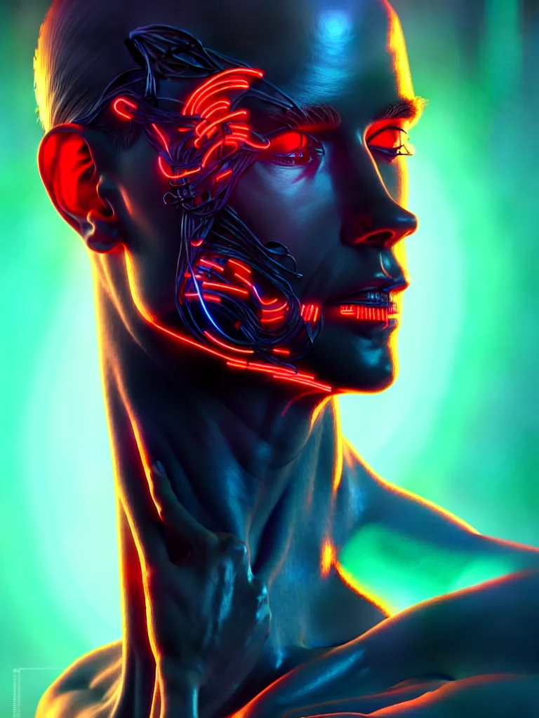 Image similar to portrait of male humanoid, intricate, perfect anatomy, neon lighting, highly detailed, digital photography, artstation, stylish pose, concept art, smooth, sharp focus, illustration, art by artgerm and greg rutkowski