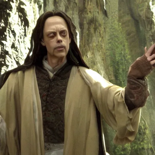 Prompt: Real Stills of wax sculpture Steve Buscemi playing a lord of rings elf in the new upcoming TV show promo ARRIFLEX 435 Camera