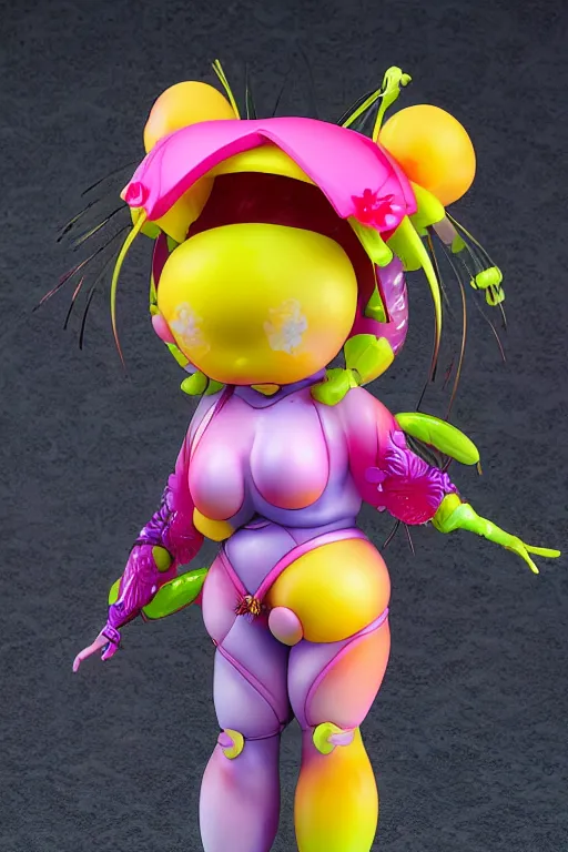 Image similar to a fat bubbly super detailed anime figurine with fluo color detail, and muted arm colors, that looks like a insect, decorated by plastic synthetic ionized metal flower sculptures