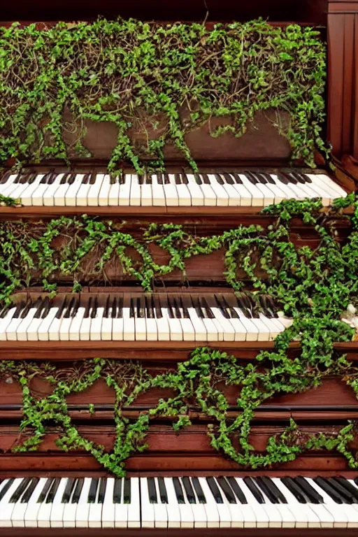 Prompt: An old piano covered in vines, in the style of wolfgang hutter