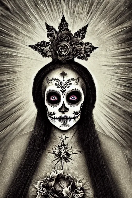 Image similar to photogravure virgin mary in dia de muertos dress and make up, head tiled back horrific beautiful vibe, evocative, atmospheric lighting, painted, intricate, highly detailed, leesha hannigan, wayne haag, reyna rochin, ignacio fernandez rios, mark ryden, iris van herpen, stunning, gorgeous, sharp focus, cinematic, masterpiece