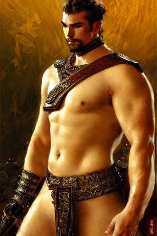 Image similar to attractive beefy male with armor, song dynasty, character design, painting by gaston bussiere, craig mullins, j. c. leyendecker, tom of finland