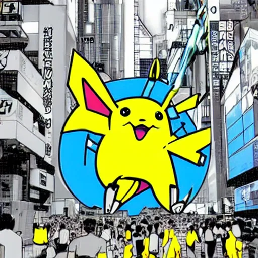 Image similar to a cybernetic giant pikachu attacking a futuristic tokyo