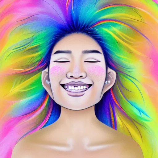 Prompt: A realistic centered portrait of a happy smiling ethereal asian sylph with a wide smile, ethereal vaporous tan skin, azure eyes and eyelashes, ethereal iridescent locks of hairs flying in the breeze and adorned with rainbow feathers, iridescent ethereal veils, flying high in the clouds::sunny weather, sss, translucency, light blue freckles and blemishes, long exposure, hologram, trending on artstation, soft natural lighting and shadows, VFX, CG