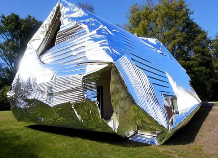 Prompt: house wrapped in foil