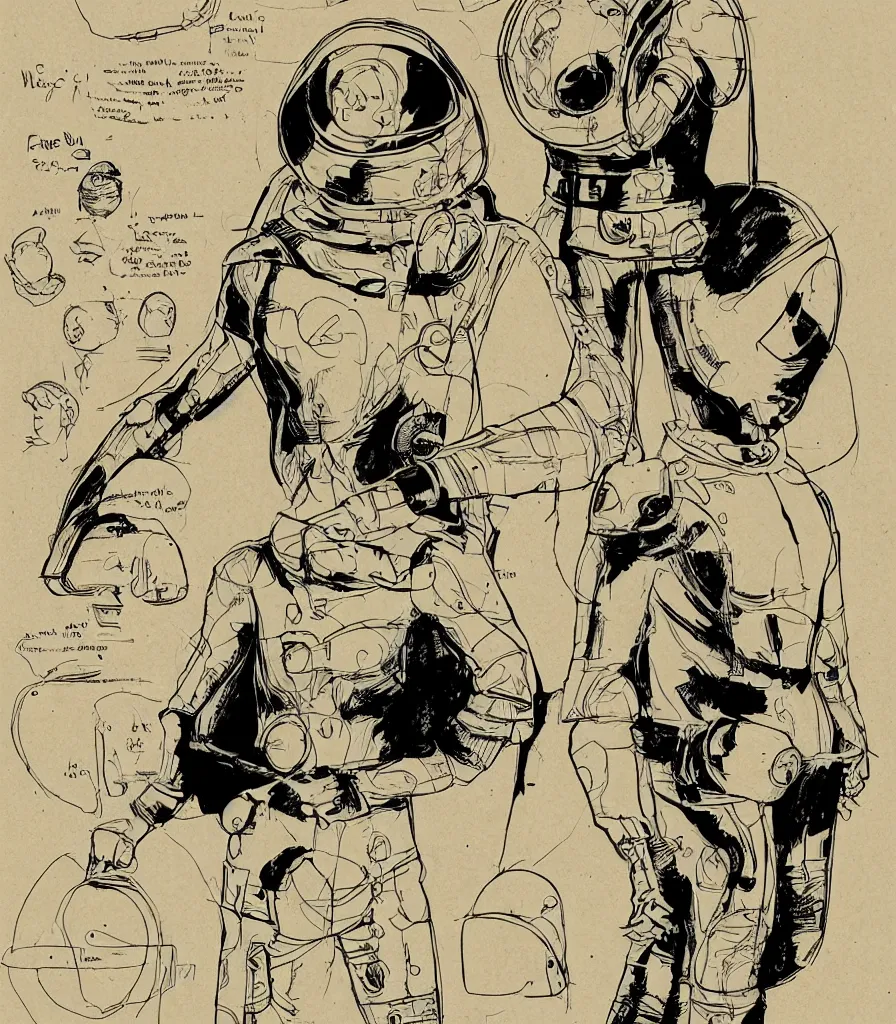 Image similar to male, heroic figure, space suit with a modern helmet, character sheet, science fiction, sketch, very stylized, digital art, illustration on kraft paper, shaded pen and ink, digital painting, by mike mignola, by alex maleev