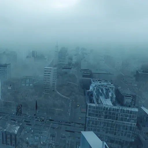 Image similar to a photorealistic image of terror in the skies, volumetric fog, cityscape, wide angle