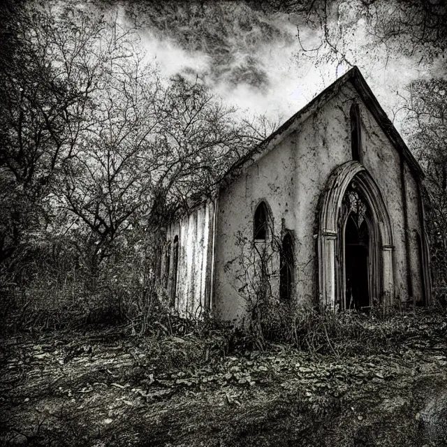 Prompt: abandoned church with overgrown vegetation, vintage infra red photograph