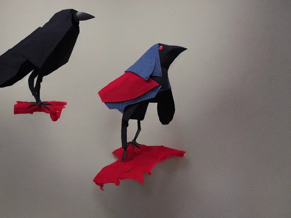 Image similar to a crow made out of fabric, designed by Pixar