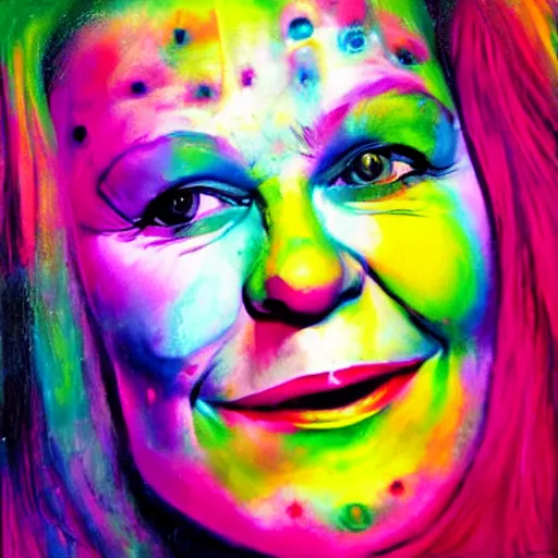 Image similar to portrait of janice joplin in psychedelic colors, painted by pablo amaringo