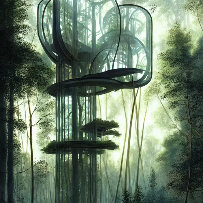 Prompt: modern futuristic glass treehouse in ancient forest , dramatic lighting, fantasy, intricate, elegant, highly detailed, lifelike, photorealistic, digital painting, artstation, illustration, concept art, smooth, sharp focus, art by John Collier and Albert Aublet and Krenz Cushart and Artem Demura and Alphonse Mucha