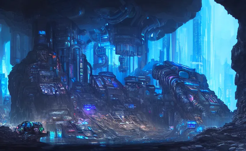 Image similar to cyberpunk factory in a giant dark cave, black rocks, detailed stones, dramatic light, blue crystals, hyper detailed, realistic, intricate, concept art by frank hong, mate painting, artstation