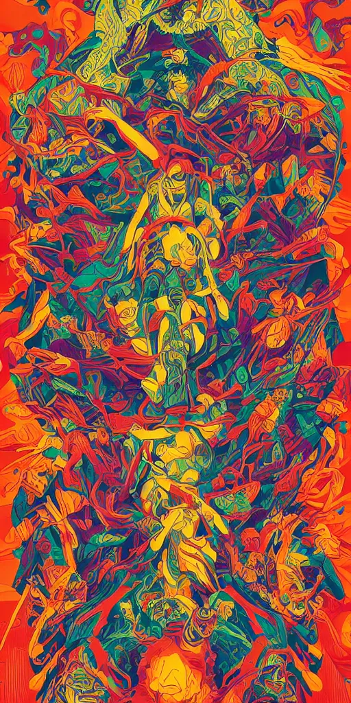 Image similar to five piece rock band poster, pine tree, psychedelic intricate highly detailed symmetrical, cinematic movie screen printing poster colorful and vivid pattern, by Artgerm, Darius Zawadzki, James Jean and Moebius, Artstation trending