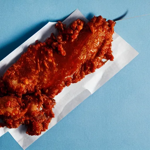 Image similar to 4 k uhd photo of a chicken strip covered in barbecue sauce, kfc product shot