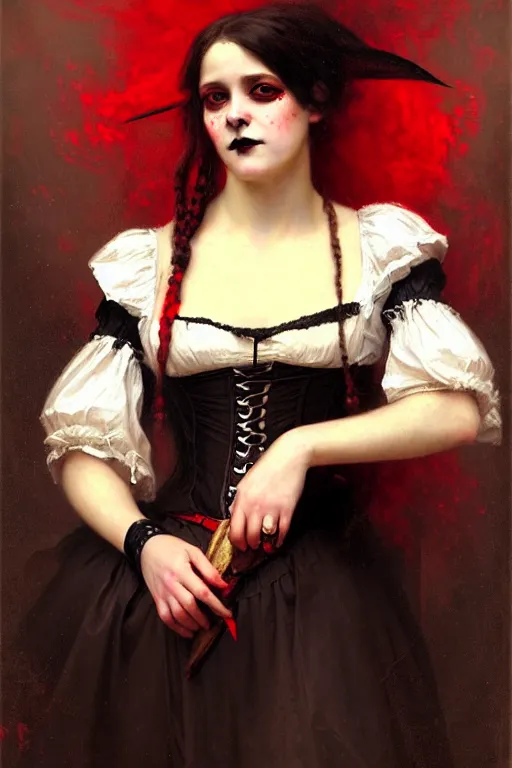 Image similar to solomon joseph solomon and richard schmid and jeremy lipking victorian genre painting portrait painting of a happy young beautiful woman punk rock goth girl german french actress model pirate wench in fantasy costume, red background