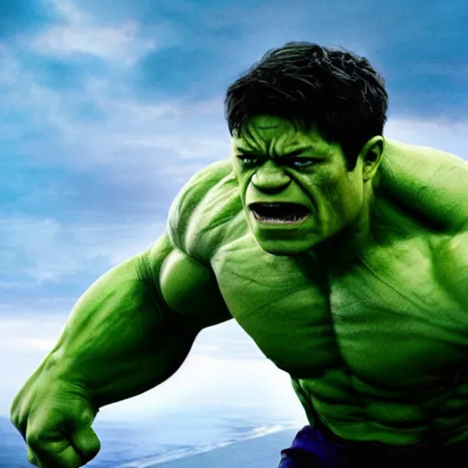 Image similar to film still of Joseph Gordon Levitt as The hulk in new avengers film, 4k