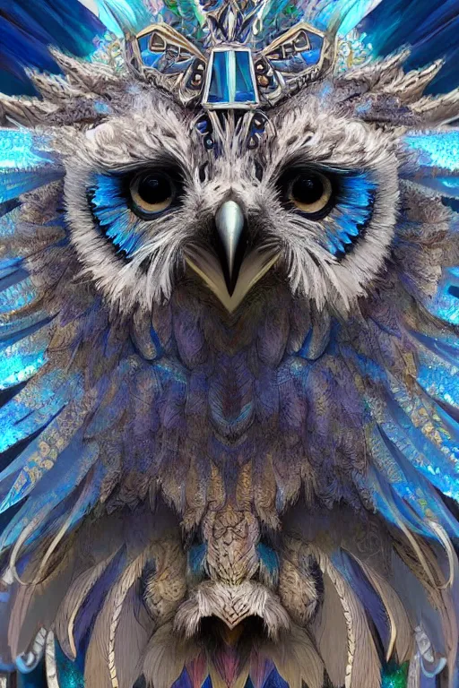 Image similar to a beautiful closeup shot from a fantasy film of a humanoid iridescent blue owlbear wearing a loose tunic. an anthropomorphic owlbear. fantasy, frown, intricate, elegant, highly detailed, digital painting, artstation, concept art, matte, sharp focus, illustration, art by artgerm and greg rutkowski and alphonse mucha