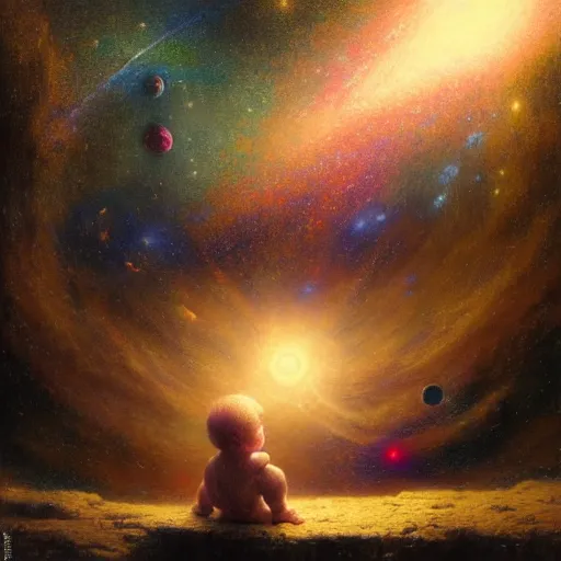 Image similar to a lonley and gloomy baby in middle of space surrounded by colorful stars planets and galaxies, high detail, by gaston bussiere, bayard wu, greg rutkowski, odd nerdrum, maxim verehin, dan dos santos, masterpiece, sharp focus, cinematic lightning