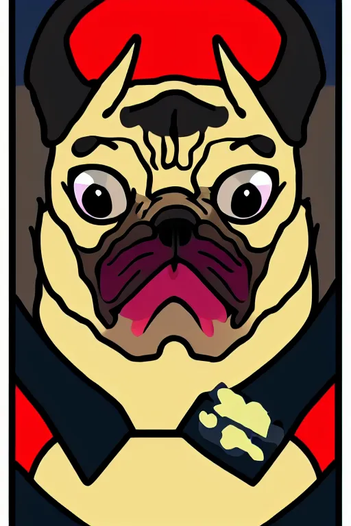 Image similar to Evil pug, the devil, sticker, blood thirsty, blood, evil, colorful, illustration, highly detailed, simple, smooth and clean vector curves, no jagged lines, vector art, smooth