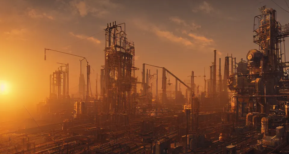 Image similar to Industrial complex , hyperdetailed, artstation, cgsociety, golden hour 8k