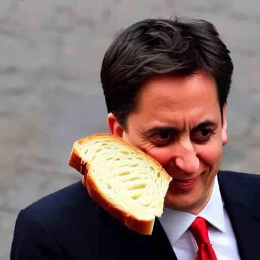 Prompt: Ed Miliband smelling sandwich on his face. Unpleasant aroma. Photo courtesy of BBC