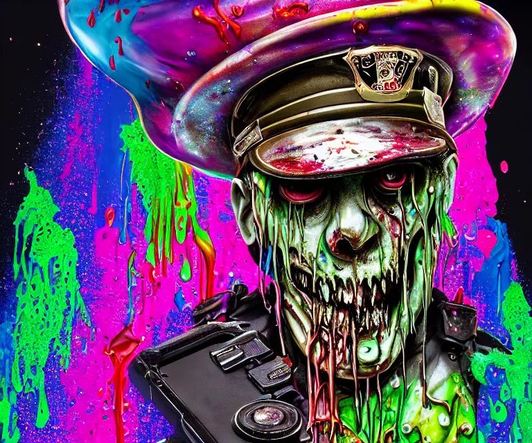 Image similar to beautiful 3 5 mm photograph of a slimy rotting zombie wearing a police uniform and police hat covered in colorful wet goop, dripping with colorful liquid, policeman, cop, biocop, intricate details, dark ambient, service cap, atmospheric, movie poster, poster, horror, elegant, super highly detailed, professional digital photo, artstation, concept art, 8 k