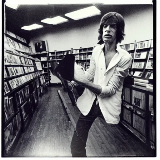 Image similar to mick jagger working in a record store in 1 9 6 9, polaroid photo, artistic, realistic, snapshot, gritty, portrait