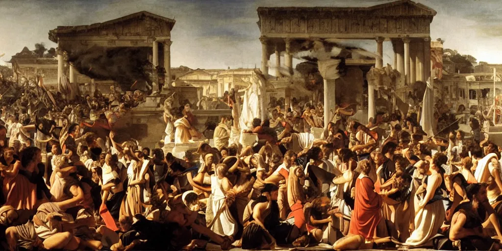 Image similar to beautiful oil matte painting, uprising of people at a greek political forum with fire and smoke, wonderful masterpiece highly detailed, beautiful cinematic light deep focus, elegant, digital painting, smooth, sharp focus, golden ratio, dramatic illumination, ultra realistic, 8 k, art by artemisia lomi gentileschi and caravaggio