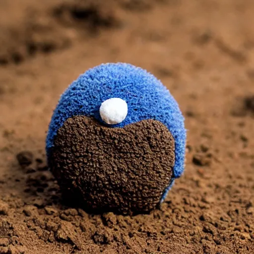 Prompt: photo of a small round creature made of dirt with round blue eyes and a round clown nose and a cute smile