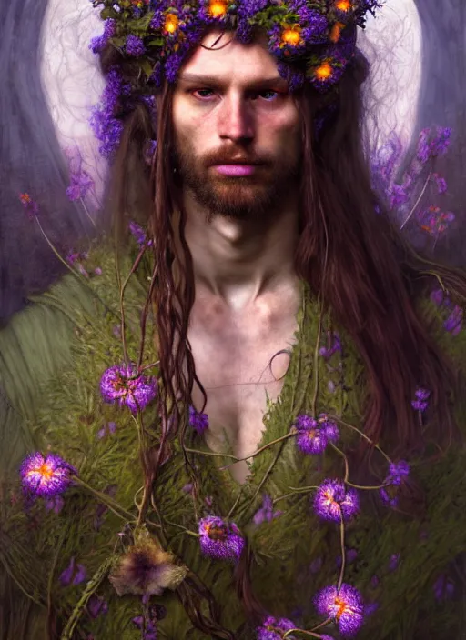 Prompt: druid with wildflowers braided in his hair, full body, hyper realistic, extremely detailed, dnd character art portrait, dark fantasy art, intricate fantasy painting, dramatic lighting, vivid colors, deviantart, artstation, by edgar maxence and caravaggio and michael whelan and delacroix.