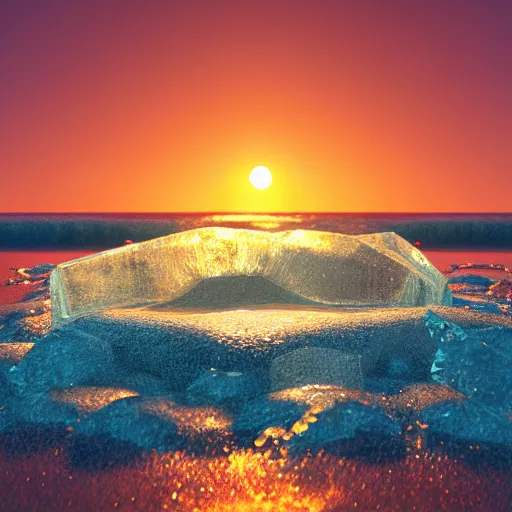 Prompt: crystal fruits on the beach, sunset, ocean, waves, photorealistic, cinematic lights, octane render, unreal engine