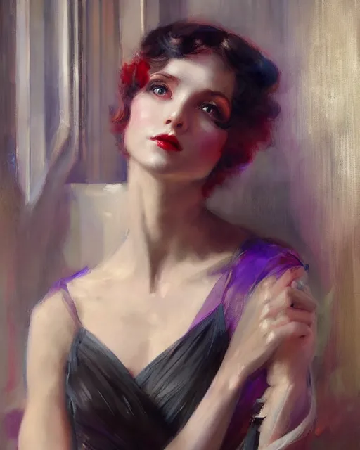 Image similar to daniel gerhartz and artgerm portrait painting of a 1 9 2 0 s beautiful woman at a party in a mansion, mansion interior in the background, unreal engine, hyper realism, realistic shading, cinematic composition, realistic render, octane render, detailed textures, photorealistic, ultrawide shot, 3 5 mm film