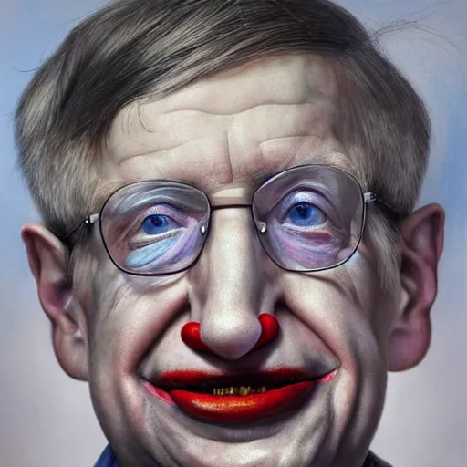 Image similar to UHD hyperrealism painting of Stephen Hawking dressed as a clown, wearing clown makeup, by Antonio Caparo and Ferdinand Knab and Greg Rutkowski, UHD, photorealistic, trending on artstation, trending on deviantart, correct face, real clown makeup