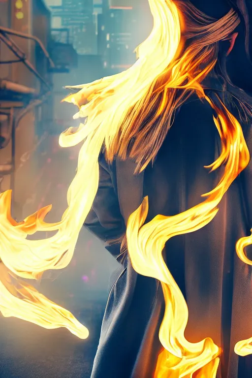 Image similar to beautiful young blonde woman from behind with flames dancing on her hands with a long jacket in a cyberpunk city, realistic, high definition, 4K, shimmering color, art of invincible